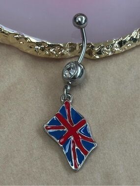 Clear gem British flag dangle belly button ring navel ring piercing 14 gauge